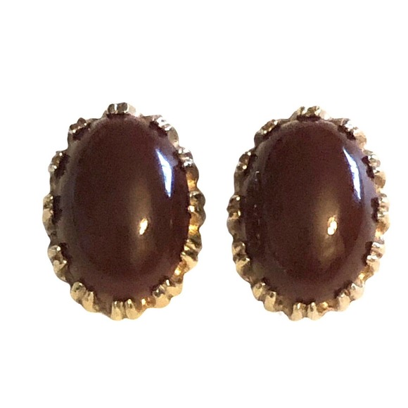 Reja Glass Domed Carnelian Cabochon Gold Plated Signed Clip On Earrings - Picture 10 of 10